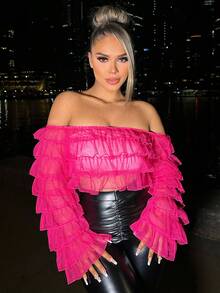 SHEIN SXY Off Shoulder Viền Ruffle Mùa vụ Lưới Áo - Màu Hồng Tươi - Xem 4