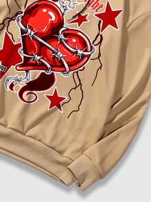 ROMWE MEN Grunge Punk 男士愛心和標語圖案抽繩連帽衫 - 卡其色 - 查看 7