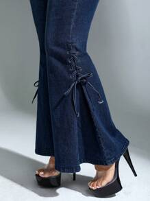 SHEIN ICON 大碼側邊綁帶牛仔喇叭褲 - 藍色 - 查看 6