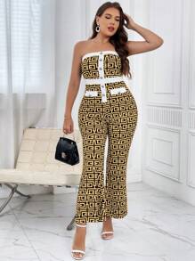 SHEIN Privé Plus Geo Print Contrast Trim Belted Tube Jumpsuit - Khaki - View 4
