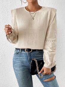 SHEIN Frenchy Solid Keyhole Back Button Detail Blouse - Apricot - View 4