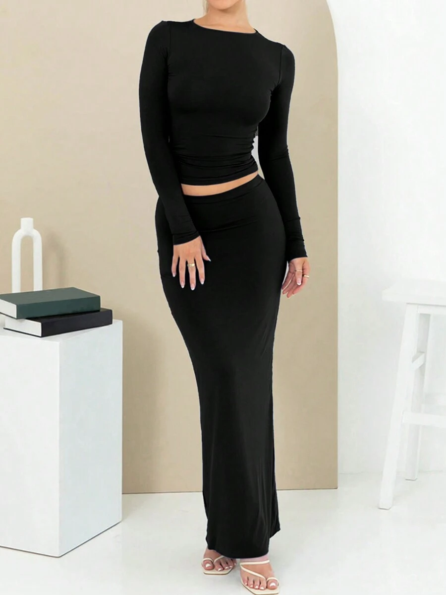 unicolor Camiseta crop & de talle alto Falda - Negro - Ver 1