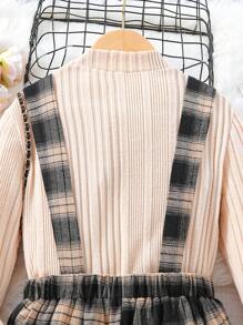 SHEIN Tween Girl Embroidery Letter Pattern T-shirt & Plaid Print Suspender Pants - Multicolor - View 4