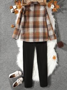 青少年女孩格紋印花翻蓋口袋襯衫&吊帶連體褲