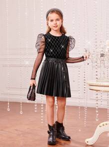 女大童網紗拼接羊腿袖金屬亮絲T恤&百褶半身裙 - 黑色 - 查看 4