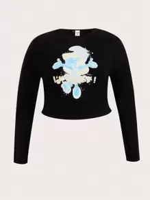 SHEIN X The Smurfs Plus Letter & Cartoon Graphic Tee - Black - View 1