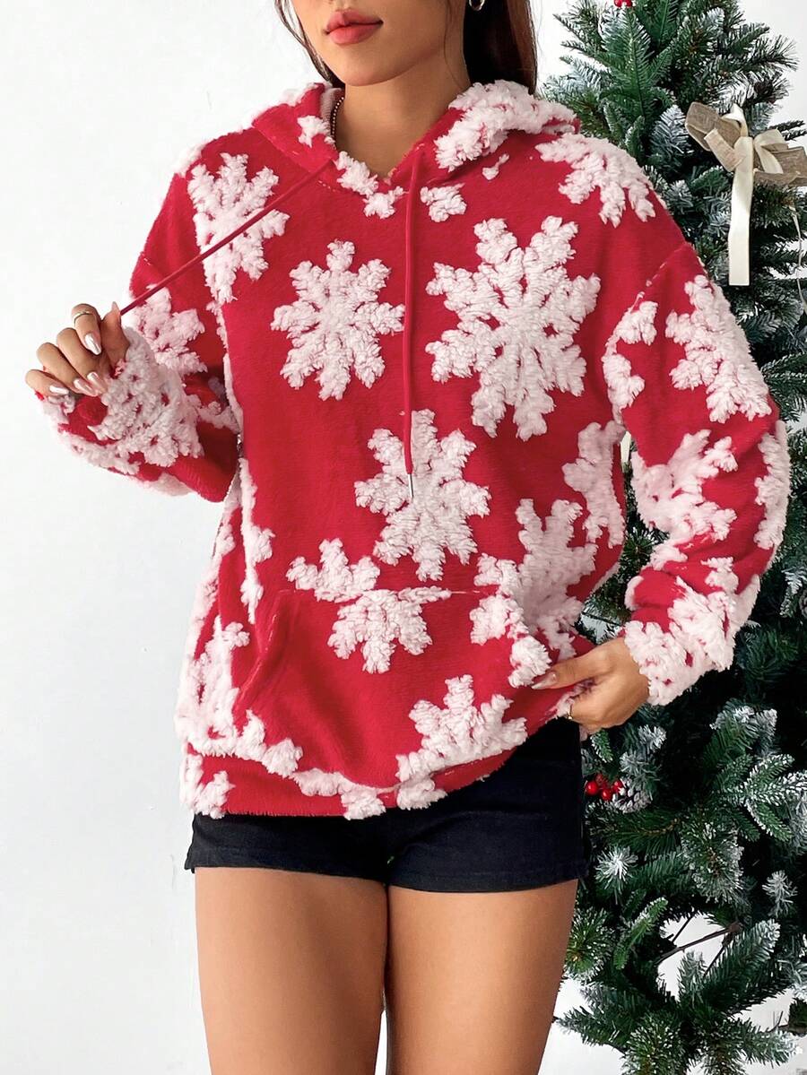 SHEIN EZwear Capucha copo de nieve con parche con bolsillo de canguro con cordón - Rojo - Ver 1