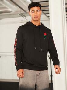 GENTILAND Nam Đồ họa hoa & chữ Dây rút Hoodie - màu đen - Xem 7