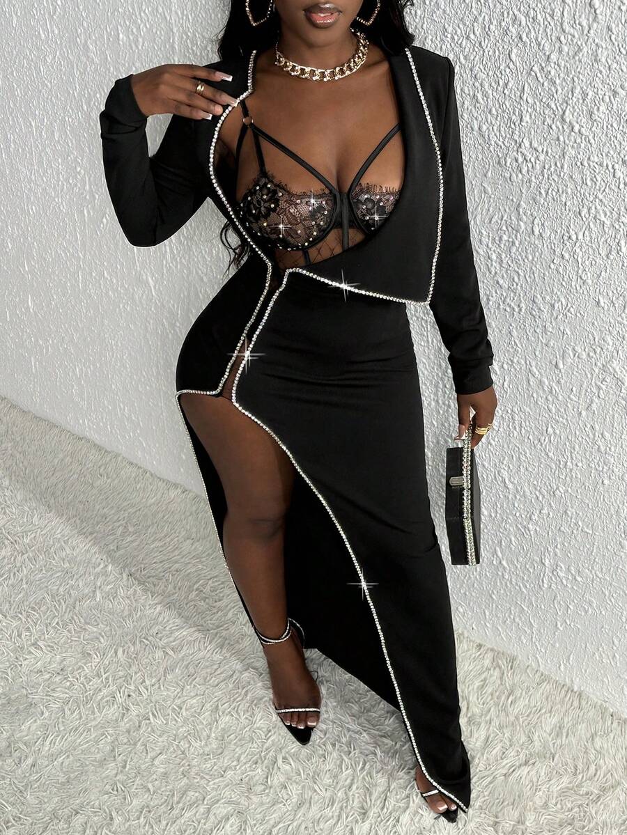 Slaydiva 優雅派對時尚透視花邊鑽石裝飾交叉肩帶高開岔配單扣長袖連衣褲套裝女款2件組合 - 黑色 - 查看 1