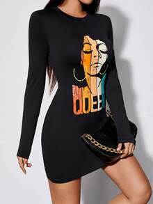 SHEIN PETITE Figure & Letter Graphic Bodycon Dress - Black - View 3