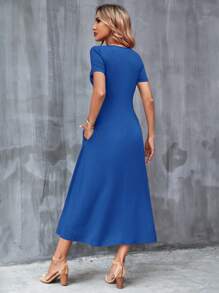 SHEIN Clasi Chất rắn Túi ẩn Váy chữ A - Xanh đậm - Xem 2
