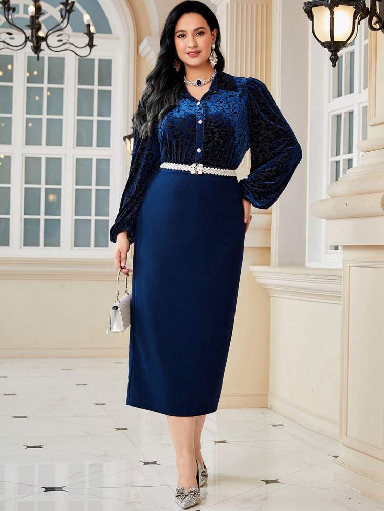 Plus Size Lantern Sleeve Shirt And Skirt Two-Piece Set 2 Piece Set