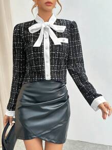 SHEIN Privé Áo sơ mi nữ kẻ caro màu tương phản có cổ áo xếp nếp, cổ buộc, tay dài - màu đen - Xem 4