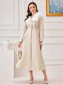 Modelyn Borg Collar Pocket Side Quilted Coat - Apricot - View 4