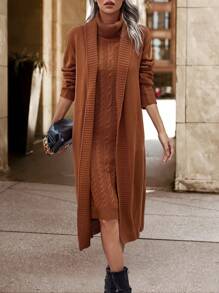 SHEIN Unity Drop Shoulder Duster Cardigan & Cable Knit Sweater Dress - Rust Brown - View 5
