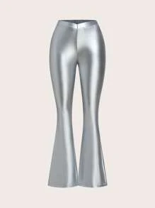 SHEIN ICON 纯色喇叭腿漆皮女式派对裤 - 銀色 - 查看 1