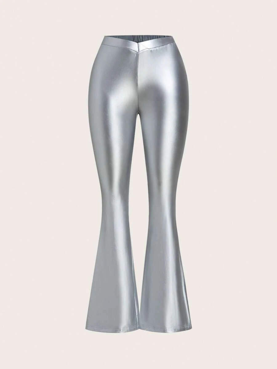 SHEIN ICON 纯色喇叭腿漆皮女式派对裤 - 銀色 - 查看 1