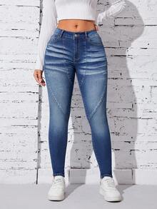 SHEIN Privé Slant Pocket Skinny Jeans - Medium Wash - View 4