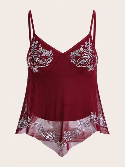 Fairycore Top bretelle sottile floreale paillettes motivo mesh