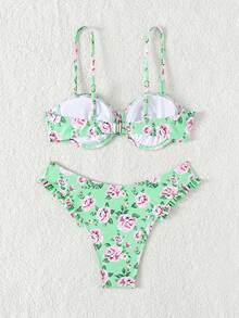 Women's Flower Print Frilled Bikini Set Summer Beach - Multicolor - View 2