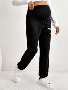 SHEIN Thai sản Thêu Chữ Dây rút Vòng eo có thể điều chỉnh Quần - màu đen - Xem 5