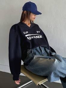 DAZY 字母圖案落肩袖運動衫 - 藏蓝色 - 查看 5