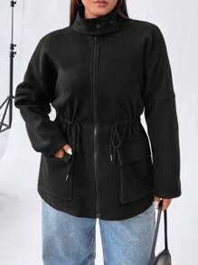 Flirla Hơn Túi có nắp Eo dây rút Thả vai Áo khoác - màu đen - Xem 5