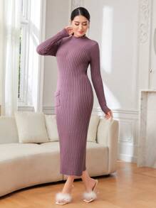 Modelyn Mock Neck Pocket Patched Sweater Dress Fall Cloth For Women