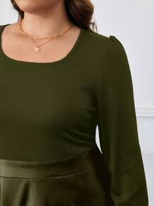 SHEIN Frenchy 大尺碼pu皮拼接連衣裙 - 軍綠色 - 查看 7