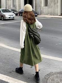 Váy len nhung kẻ màu trơn có túi cho nữ, mùa thu - Màu xanh lá cây đậm - Xem 5