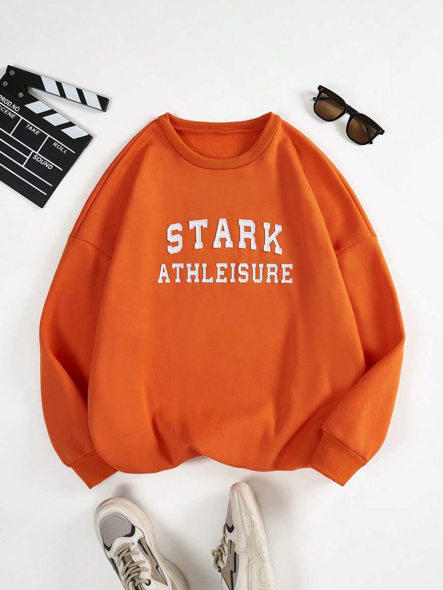SHEIN EZwear Plus Letter Graphic Drop Shoulder Sweatshirt - Orange - View 1