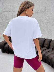 Easithlete 標語圖案落肩袖運動T恤 - 玫紅色 - 查看 2