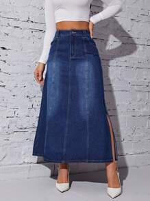 SHEIN Privé Tách đùi Váy Denim - Rửa tối - Xem 1