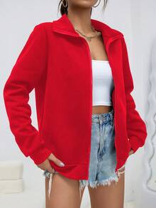 SHEIN EZwear 拉鏈開襟插肩袖運動衫 - 紅色 - 查看 6