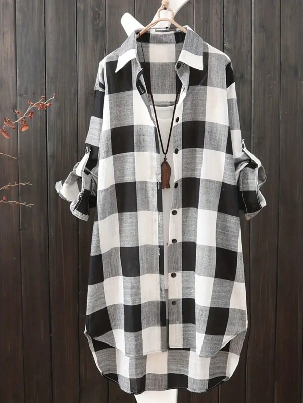Plus Size Women Casual Plaid Front Button Shirt