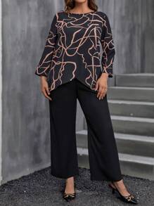 EMERY ROSE Plus Graphic Print Asymmetrical Hem Top & Wide Leg Pants - Black - View 4