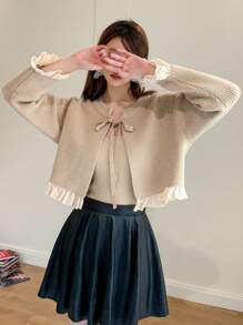 DAZY Lá sen tỉa Tie Trước Thả vai Cắt sửa áo lông cừu - Màu be - Xem 4