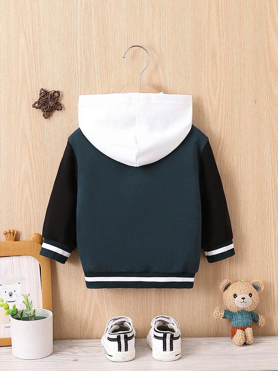Baby Boy Letter Patched Striped Trim Varsity Jacket Without Hoodie