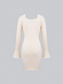 SHEIN Unity 素色喇叭袖緊身洋裝 - 杏色 - 查看 2