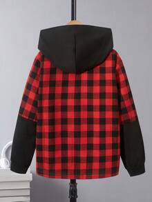 SHEIN 男大童1入組格紋印花連帽襯衫適用於聖誕 - 紅色 - 查看 2