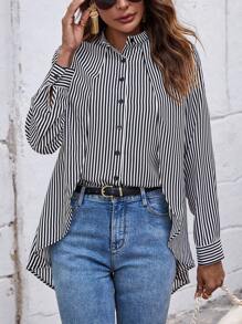 SHEIN LUNE In sọc Thả vai Hem cao thấp Áo sơ mi - Đen và trắng - Xem 1