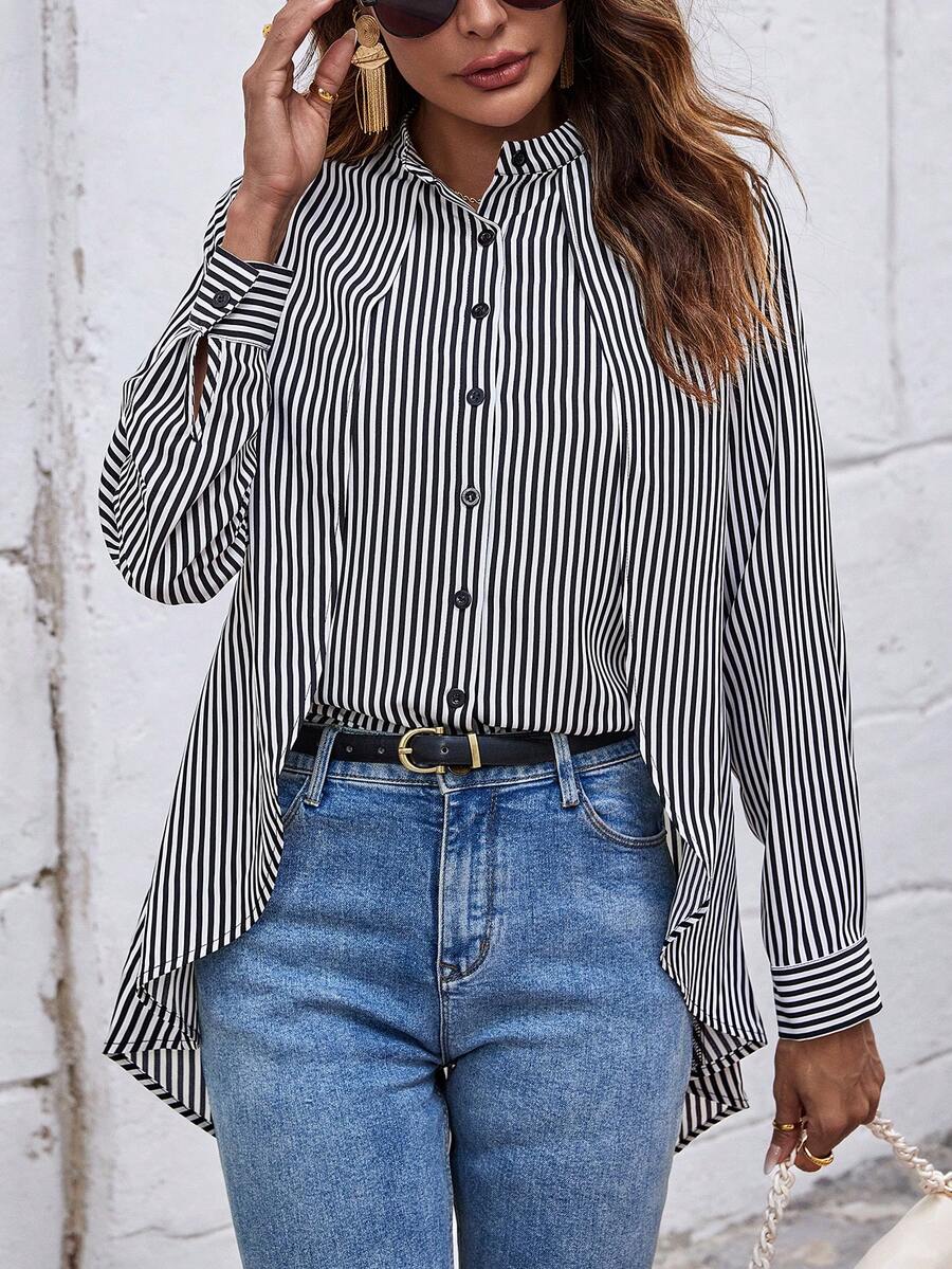SHEIN LUNE In sọc Thả vai Hem cao thấp Áo sơ mi - Đen và trắng - Xem 1