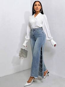 SHEIN Privé Rhinestone Split Thigh Raw Hem Wide Leg Jeans - Light Wash - View 2