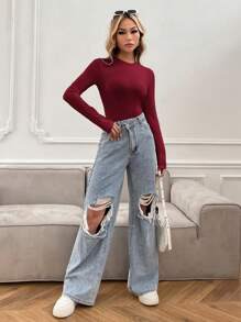 SHEIN Essnce Solid Ribbed Knit Bodysuit - Burgundy - View 4