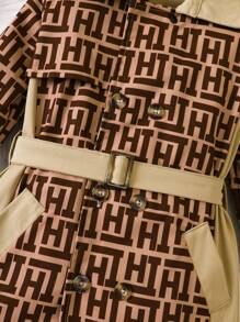 Baby Girl Allover Letter Graphic Belted Trench Coat - Khaki - View 5