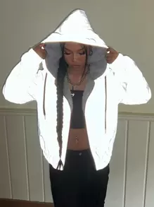 SHEIN EZwear Zip Up Drawstring Hooded Reflective Jacket In Fall/Winter - Grey - View 1