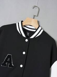 SHEIN EZwear Plus Letter Patched Striped Trim Drop Shoulder Varsity Jacket - Black - View 4
