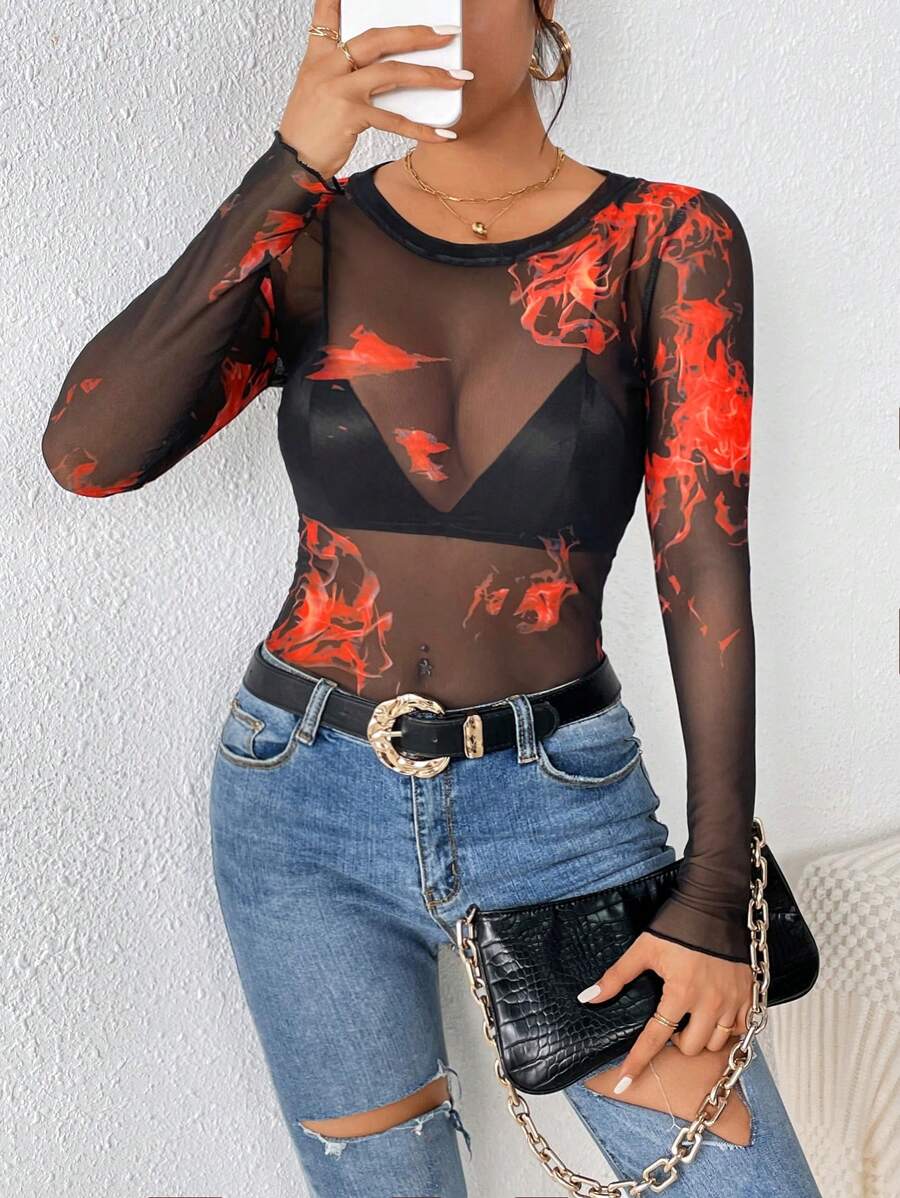 Allurite Fire Print Mesh Top Without Bra - Black - View 1
