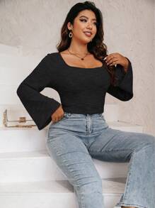 Flirla Plus Square Neck Trumpet Sleeve Tee - Black - View 6