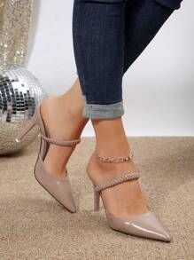 Giày sandal mũi nhọn nữ, giày mules đế cao tối giản mới, thời trang thu đông, thanh lịch, giày cao gót nữ, thanh lịch, trang phục dự tiệc - Màu be - Xem 3